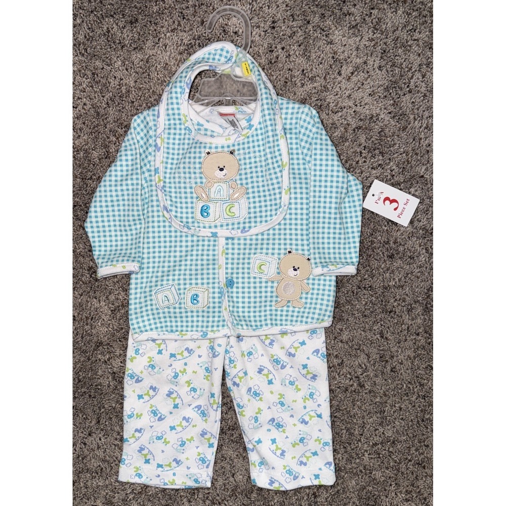Fisher Price 2010 Baby Outfit 3 Piece Set Teddy Bear ABC Blocks Blue/Green 6/9 M